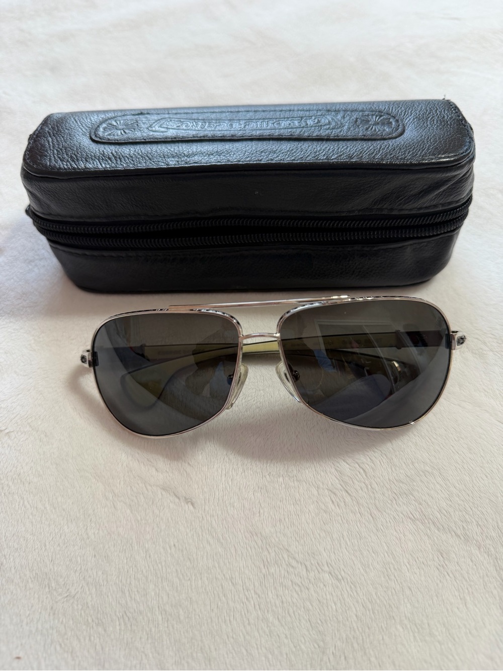 Chrome Hearts Silver Frame Black Lens Aviator Sunglasses